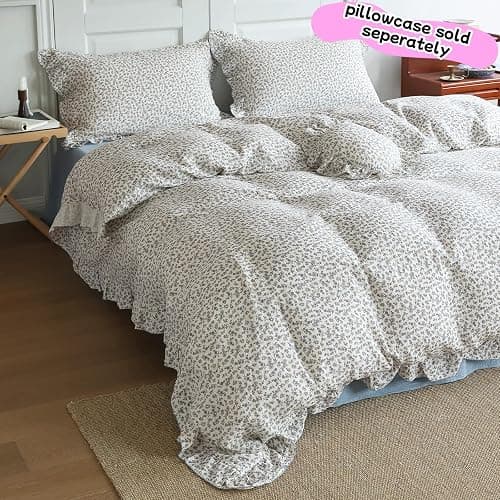 BuLuTu Chic Shabby Floral Girls Boys Duvet Cover Twin Size, Blue Flower Print Kids Duvet Cotton Muslin Soft Breathable Ruffled Quilt Cover Children Bedding, Zipper Closure thumbnail 2