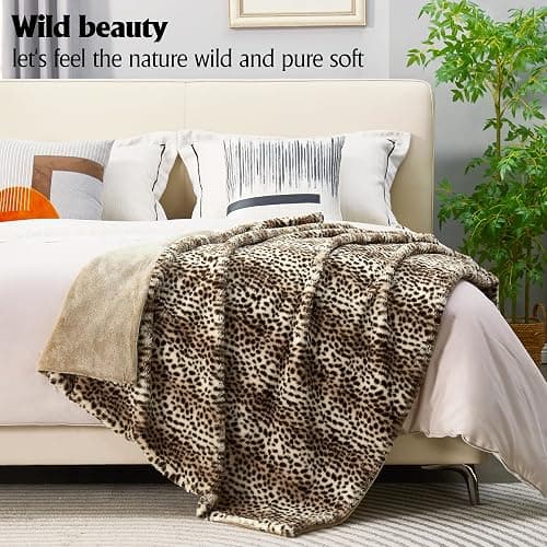 DREAMNINE Luxury Brown Cheetah Print Faux Rabbit Fur Blanket for Couch 50" x 60",Decorative Soft Thick Fluffy Leopard Furry Blankets, Warm Blankets for Winter,Animal Print Cozy Chic Fuzzy Lap Blanket thumbnail 2