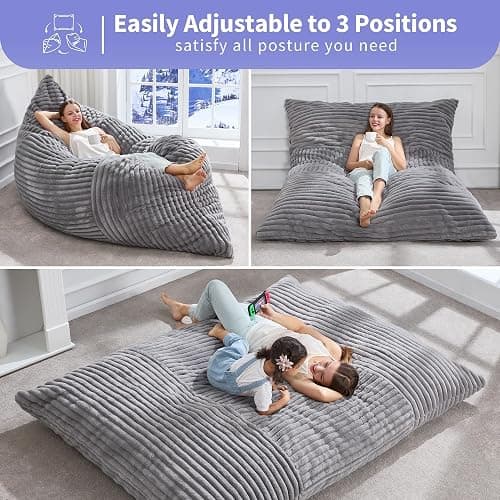 Hobestluk 3 in 1 Bean Bag Chair Giant Bean Bag Chairs Convertible Bean Bag Floor Cushion with Machine Washable Cover, Beanbag Chairs for Adult (Grey) thumbnail 3