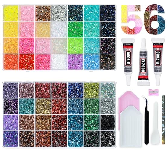56 Colors Rhinestones for Bedazzling, 2 Boxes 3mm Multicolor Resin Jelly Flatback Gems with 3 Pcs B7000 Jewelry Glue & Tools, Bedazzler Kit for DIY Crafts Book Clothes Makeup Shoes Gifts Decor - Image 1