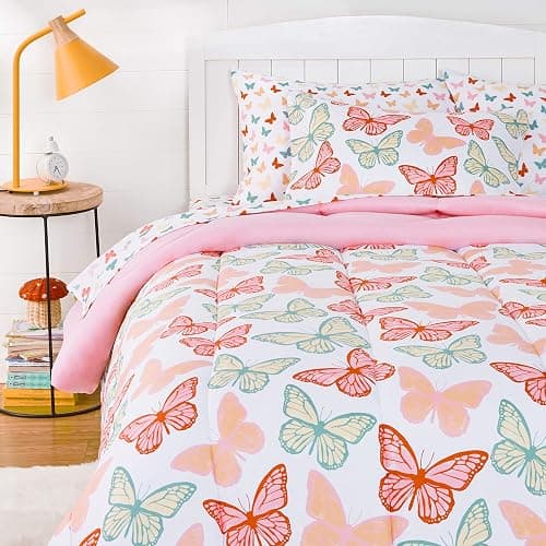 Amazon Basics Kid's Soft, Easy Care Microfiber Bed-in-a-Bag 5-Piece Bedding Set, Twin, Butterfly Friends - Image 1