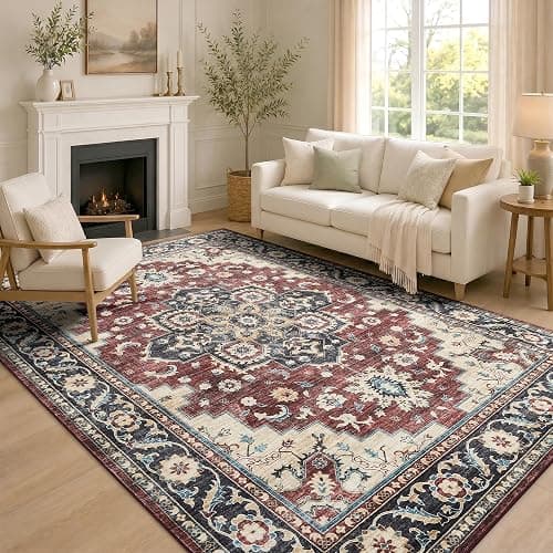Homaxy Vintage Rugs Living Room Washable Anti Slip Large Rug Low Pile Boho Lounge Carpet for Bedroom, Nursery, Kitchen - 160 x 220 cm, Retro Red/Beige - Image 1