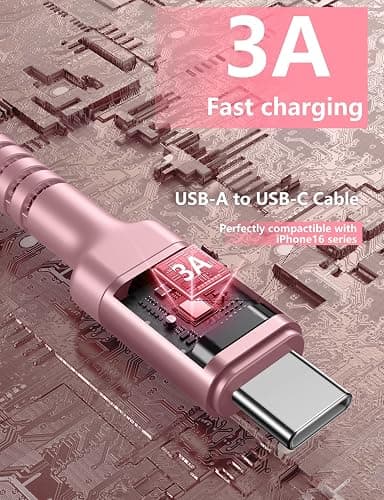 iPhone 16 USB C Cable Fast Charging [2 Pack, 6FT], USB A to USB C Charger Cord, Upgraded Extra Durable Braided USBC Cable Compatible with iPhone 17 16 15 Pro Max, LG and More-Pink thumbnail 3