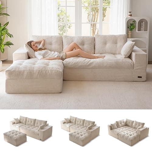 MAXYOYO 104" L Shaped Modular Sectional Sofa with Ottoman, Cloud Boneless Couch with Layered Cushion, Upholstered Sofa in a Box, Flexible Module Combination for Living Room, No Assembly, Beige - Image 1