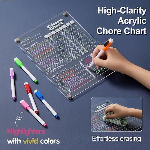 2 pcs Acrylic Magnetic Chore Chart for Kids on Fridge, Chore Board, Dry Erase Chore Chart, 12"x8" Transparent Erasable Reward Chart for Teens and Adults Chore Checklist with 8 Markers and Towel thumbnail 5