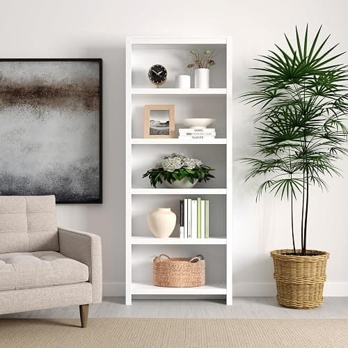 Prepac Moda 5-Tier Tall Wooden Bookcase, White Storage Cabinet, Display Cabinet, Bookshelf with Storage Shelves 31.75" W x 80" H x 12" D for Home Office, Living Room, Bedroom Organizer thumbnail 2