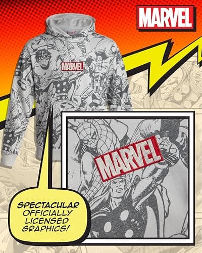 Marvel Mens Graphic Hoodie Soft Fleece Pullover Hooded Sweatshirt for Men | Bold All-Over Comic Print Featuring Hulk, Spider-Man, & Iron Man, Relaxed Regular Fit, Ribbed Cuffs thumbnail 3