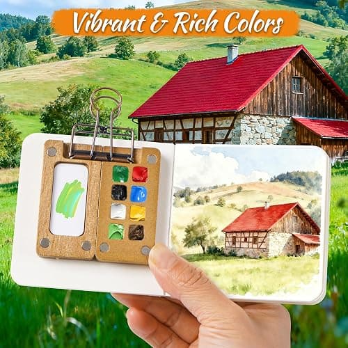 Mini Watercolor Paint set, Portable Watercolor Paint Travel Set, 12 Color Pocket Artist Watercolor Travel Kit with Picture Book, 8 Grids Portable Wooden Paint Palette for Painters, Artists, and Students thumbnail 5