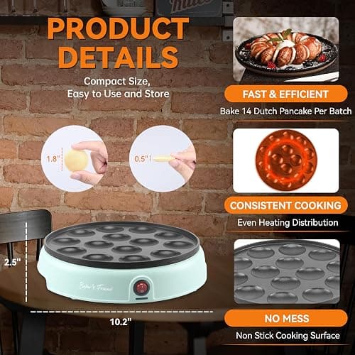 Baker's Friend Mini Pancakes Maker Machine, Dutch Mini Pancake Griddle, 14 Holes Electric Poffertjes Pan, Ideal for Breakfast, Snacks, Desserts & More thumbnail 4