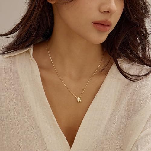 14K Gold Plated Bubble Letter Necklace, Tarnish Free and Waterproof Dainty Initial Necklace for Women, Trendy Personalized Gold Jewelry Gift for Her thumbnail 2