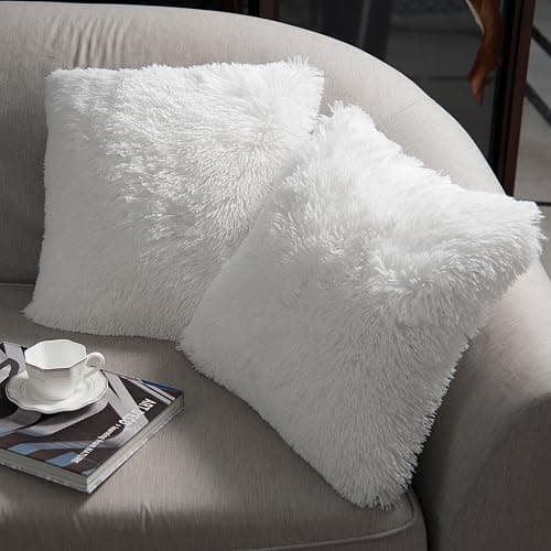 NordECO HOME Pack of 2 Faux Fur White Cushion Covers Luxury 45 x 45 Fluffy Decorative Fuzzy Square Throw Pillow Case 18 x 18 for Sofa Decor - Image 1