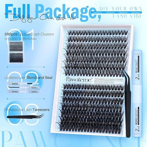 Pawotence Lash Clusters Kit 40D 60D Lash Extension Kit 10-18mm Cluster Eyelash Extension Kit Individual Lashes 280pcs Eyelash Clusters with Lash Bond and Seal, Lash Tweezers for Self Use thumbnail 2
