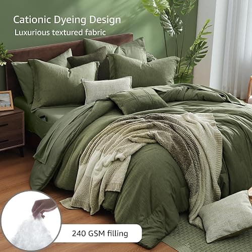 Monbix Twin XL Comforter Set Olive Green, Cationic Dyeing Bedding Set Reversible 5 Pieces, All Season Bed in a Bag with Comforter, Sheets, Pillowcase & Sham thumbnail 3