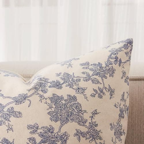 YZJZEDS 2 Pack French Floral Throw Pillow Covers 18x18in, Blue/Cream | 100% Organic Cotton, Vintage Botanical Decorative Pillow Cases, Farmhouse Pastoral Cushion Covers for Living Room Sofa Couch thumbnail 2