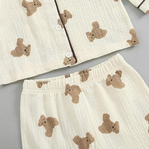 BULINGNA Kids Toddler Girl Boy Two Piece Pajamas Set Button Down Pajama Shirt Top Pants Shorts Bear Sleepwear Pjs Set thumbnail 5