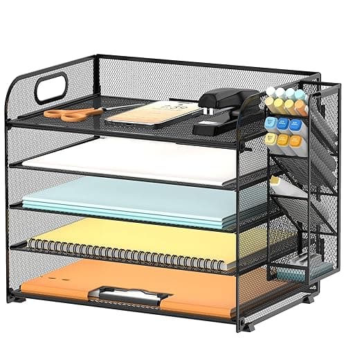 SUPEASY Schreibtisch-Organizer mit 5 Etagen, mit Griff und abnehmbaren Stifthaltern, Netz-Papier-/Akten-Organizer für den Schreibtisch, Papier-Briefablage, Organizer für Bürobedarf (schwarz) - Image 1