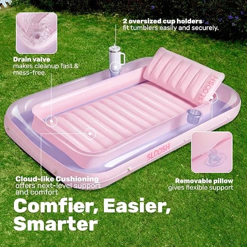 SLOOSH Inflatable Tanning Pool Lounger Float, 70" x 46" Pool Floats Adult with Pillow, 4 in 1 Suntan Tub Raft Floatie,Sunbathing Bed Lounge for Water Blow Up Ball Pit Party Gifts, L-Purple Pink thumbnail 4
