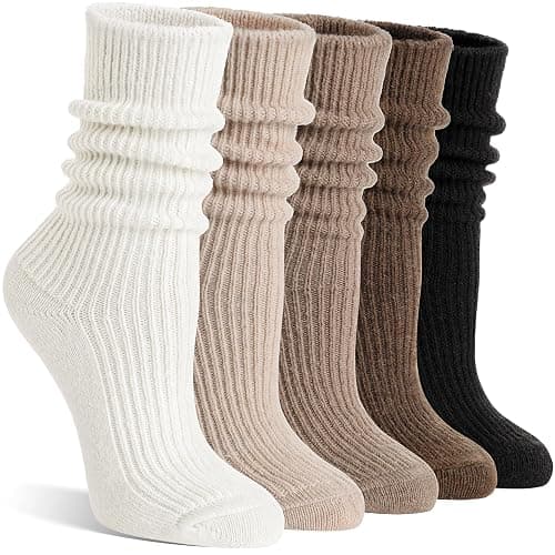 Women Merino Wool Slouch Boot Socks Warm Winter Thermal Slouchy Scrunch Cozy Knit Comfy Work Socks for 5 Pairs - Image 1