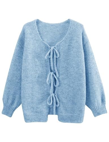 Lumister Cute Oversized Cardigan Sweaters for Women Y2K Long Sleeve V Neck Bow Tie Front Cadigan Knitwears Bow Tops - Image 1