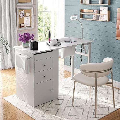 Foldable Nail Table with Dust Collector, Manicure Desk for Nail Tech, with LED Lamp, Wrist Rest, Rolling Nail Table for Salon, Home Beauty Workstation, Compact Nail Station with Storage (White) thumbnail 3
