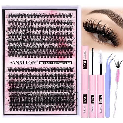 FANXITON DIY Lash Extension Kit Volume Lash Clusters 40D+50D D Curvature Individual Lashes Lash Clusters Kit Thick Eyelash Extension Kit 280 pcs Thin Band Cluster Lashes Lash Bond and Seal Tweezers - (NG01)DIY Lash Extension Kit-D