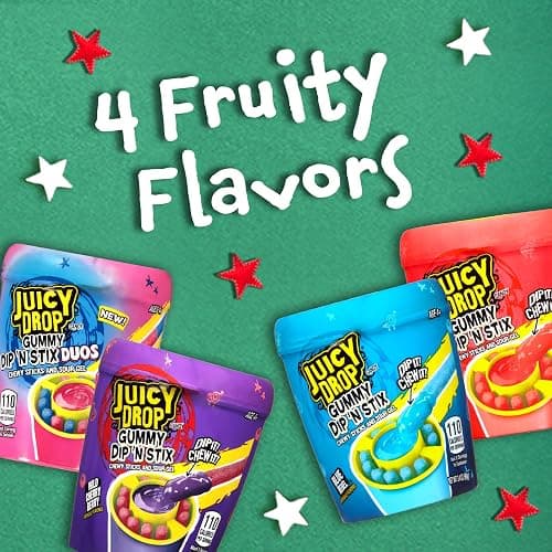 Juicy Drop Gummy Dip 'N Stix Assorted Christmas Candy Variety Pack, Sweet Gummy Sticks W/ Sour Dipping Gel, 8Ct, Sour Candy Pack for Party Favors, Stocking Stuffers, Kids Gifts thumbnail 3