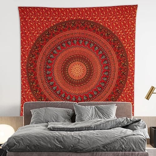 Bless International Indian-hippie-gypsy Bohemian-psychedelic Cotton-mandala Wall-hanging-tapestry-multi-color Large-mandala Hippie-tapestry (Golden Red, Queen (84x90Inches)(215x230Cms)) thumbnail 2