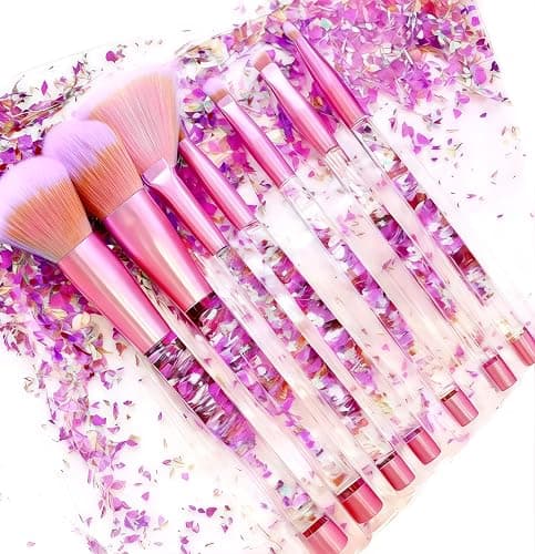RAEEIKPHZ Sparkle Pink Makeup Brushes Set,Unicorn Glitter 7pc Foundation Blush Lip Nose Eyeshadow Eyebrow Loose Powder Fan Make Up Brushes Kit with Liquid for Kids Girls Teen Women Gift Present - Image 1