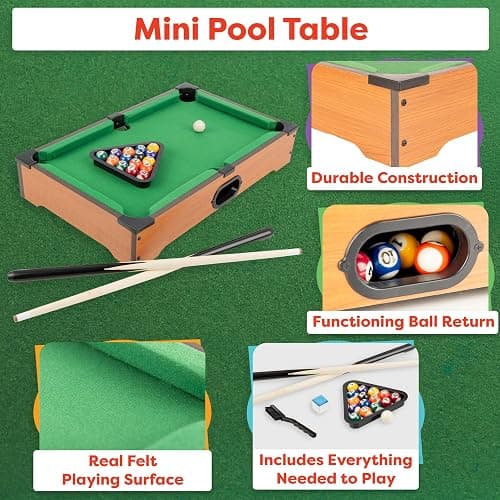 Mini Pool Table - 20-Inch Portable Tabletop Billiards Game with Cue Balls, Sticks, Chalk, Brush, and Triangle Rack - Table Games by Hey Play thumbnail 2