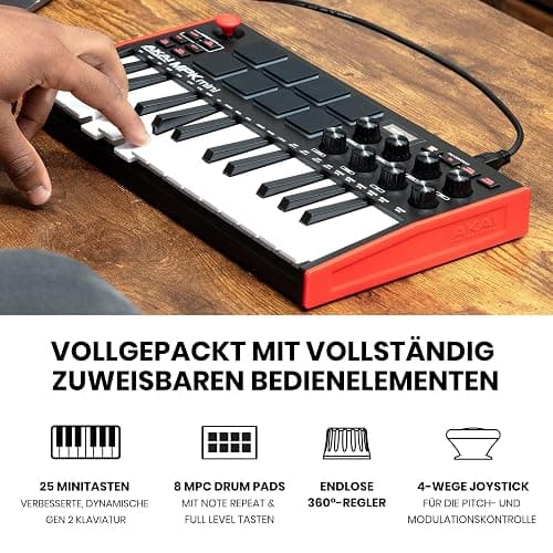 Akai Professional MPK Mini MK3 25-Tasten USB MIDI Keyboard Controller, 8 Hintergrundbeleuchtete Drum Pads, 8 Regler, Musikproduktion-Software und Native Instruments Sound Package (NKS Integration) thumbnail 3