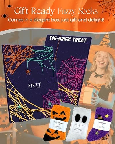 AIVEI 72-Needle Super Cozy Halloween Fuzzy Socks for Women Funny Crazy Cute Fluffy Warm Slipper Socks for Girls 3 Pairs, Halloween Gifts Boo Spooky Basket Stuffers thumbnail 3