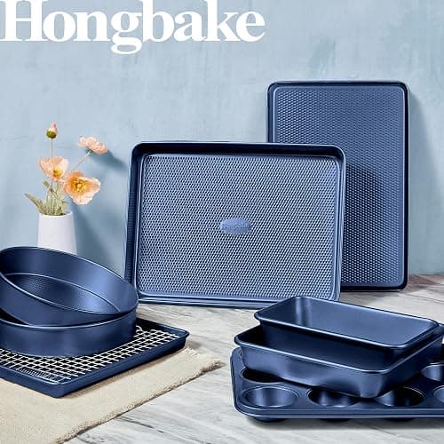 HONGBAKE 9-Piece Baking Pans Set Nonstick, Stackable Non Toxic Bakeware Sets with Diamond Texture, Oven Pan Set for Cooking, Includes Cookie Sheet with Rack, Cake Pan, Roasting Pan, Muffin Tin, Blue - Sapphire Blue - luxury nine-piece set thumbnail 2