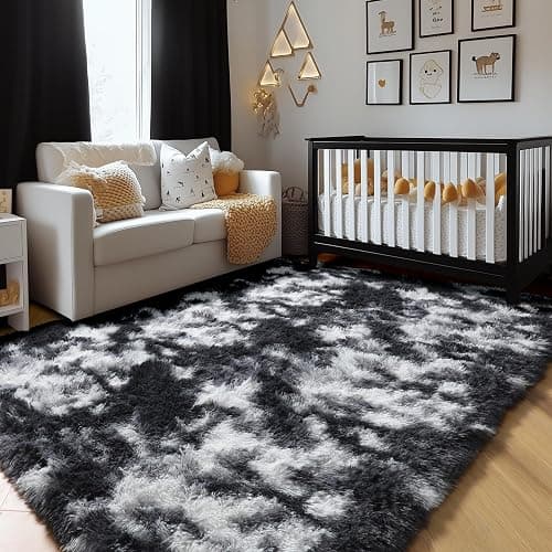 Amdrebio Black White Grey Rugs for Living Room Bedroom, 8x10 Large Fluffy Shaggy Furry Area Rug for Kids Room Dorm Home Office Apartment, Fuzzy Shag Plush Floor Modern Cool Carpet for Men Teen Boys thumbnail 9