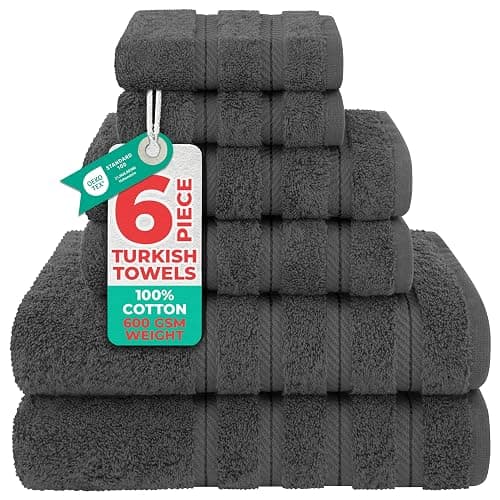 American Soft Linen Luxury 6 Piece Towel Set, 2 Bath Towels 2 Hand Towel 2 Washcloths, 600 GSM 100% Cotton Turkish Towels for Bathroom, Dark Gray Towel Sets - Image 1