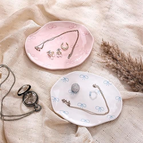 Koythin Ceramic Jewelry Tray, Cute Blue Bow Jewelry Dish for Women, Aesthetic Room Decor Trinket Dish for Birthdays Christmas Mother's Day (Blue Bow) thumbnail 6
