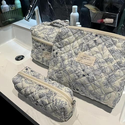 Aucuu Beauty Case, 3 Pieces Floral Large Capacity Makeup Bag, Quilted Toiletry Bag, Soft Cotton Travel Beauty Case, Large Quilted Toiletry Bag Makeup Bag Organizer, #5 Dark Blue Flowers, 3PCS thumbnail 5