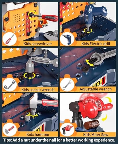 Deejoy Kids Tool Bench with Realistic and Electric Drill, Construction Workbench Toys for Toddlers 3-5, Toddler Bench Set for Boys & Girls Age 3-4 (with Work Clothes) thumbnail 3