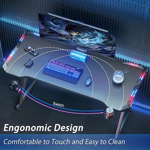 HLDIRECT 40 INCH Gaming Desk with LED Lights, Home Office Gamer Desk, Ergonomic Computer Table with Large Carbon Fiber Desktop, Office Workstation, Cup Holder & Headphone Hook, Black thumbnail 5