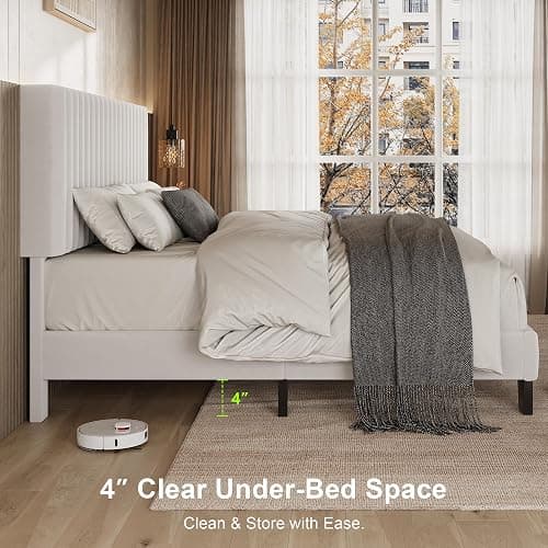 Einhomn Queen Size Bed Frame with Headboard, Upholstered Velvet Platform Bedframe with Solid Wooden Slats, Noise-Free, No Box Spring Needed, Easy Assembly, White thumbnail 7