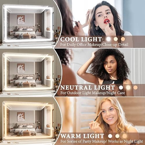 FENNIO Vanity Mirror with Lights 32"x22", Lighted Makeup Mirror, Large Vanity Mirror with Lights, Touch Sensor with 3-Color Lighting, USB Charging Port for Vanity Desk Tabletop thumbnail 2
