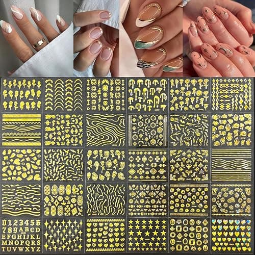 90 Sheets Nail Stickers for Nail Art, Flower Nail Art Stickers Gold Silver Line Star Floral Nail Decals for Nails Design, Aurora Nail Decor Nail Accessories for Women Girls thumbnail 4