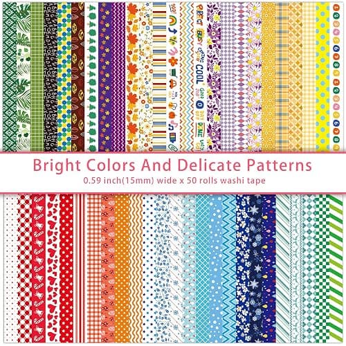 emmoolife 50 Rolls Washi Tape Set, 15mm Wide Rainbow Colored Tape Aesthetic Design Masking Decorative Tape for Scrapbooking Supplies, Bullet Journaling, Junk Journal, Wrapping Planners, DIY Arts Craft thumbnail 2