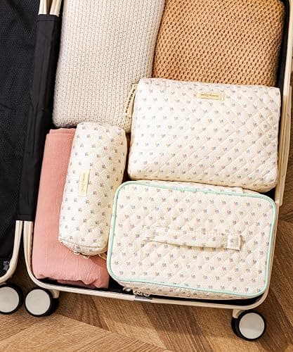 HBselect Quilted Makeup Bag, 3Pcs Cotton Large Travel Makeup Bags Organizer | Cute Floral Make up Bag Cosmetic Bag Toiletry Bag for Women Girls, Makeup Pouch for Skincare, Brushes & Travel Essentials thumbnail 3