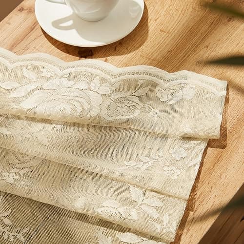SEEKRIGHT Beige Lace Curtains 84 Inches Long Victorian Floral Sheer Curtains for Living Room Bedroom Decor Drapes Rod Pocket Light Filtering French Window Curtains 2 Panels Set for Dining Room, 52x84 thumbnail 7
