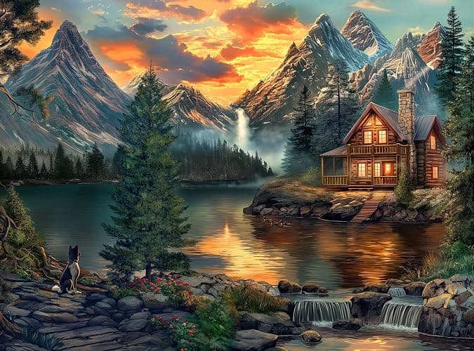 Prime Time Puzzles Adult Jigsaw Puzzle 1000 Piece Mountain Cabin | Features a serene lake cabin scene, finishing at 20x27 inches. Great for game nights on a table, puzzleboard, or floor. - Image 1