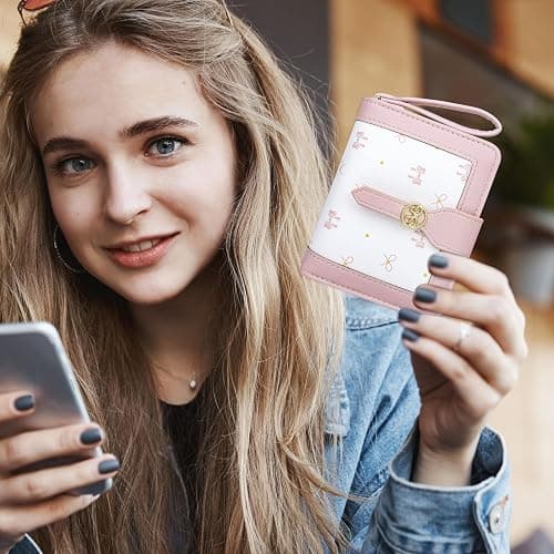 Farcauo Cute Pink Small Bow Wallet for Women Bifold Womens Wallets Minimalist Ladies Purse with Bow Design Mini Kawaii Coin Purse with ID Window thumbnail 2