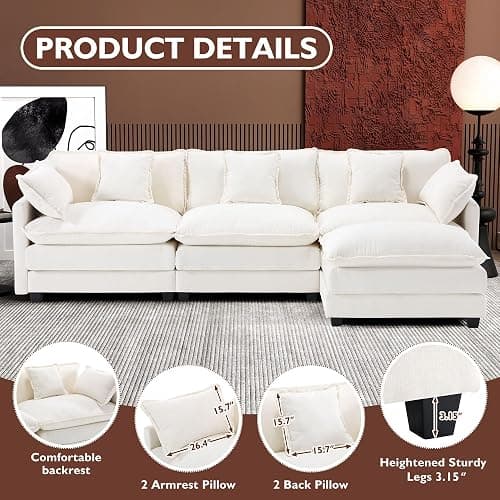 Ihanherry 111.4" L Shaped Modern Sofa Modular Sectional Cloud Couch with Ottoman, 4-Seat Chenille Deep Seat Sofa with Pillow for Living Room, Bedroom and Apartment, Beige thumbnail 3