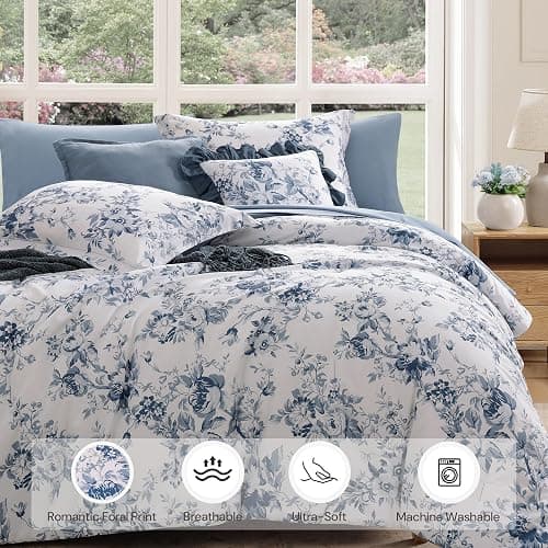 BLOOMHAVEN Full Comforter Set -7 Pieces Floral Blue Comforter Set for All Seasons, Bed in a Bag Full with Botanical Flowers Comforter, Sheets, Pillowcases & Shams thumbnail 5