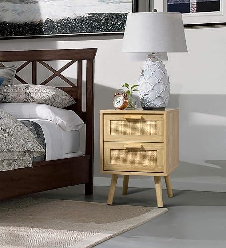 Finnhomy Nightstands Set of 2, Night Stands Set 2 with Hand Made Rattan Decorated Drawers, Nightstand, End Table, Bedside Tables Set of 2 for Bedroom, Natural, 2 Pack thumbnail 5