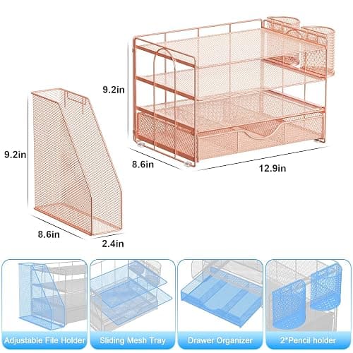 gianotter Desk Organizers and Accessories with File Holder, 4-Tier Desk Accessories & Workspace Organizers with Drawer and 2 Pen Holder, Paper Organizer for Office Supplies (Rose Gold) thumbnail 3